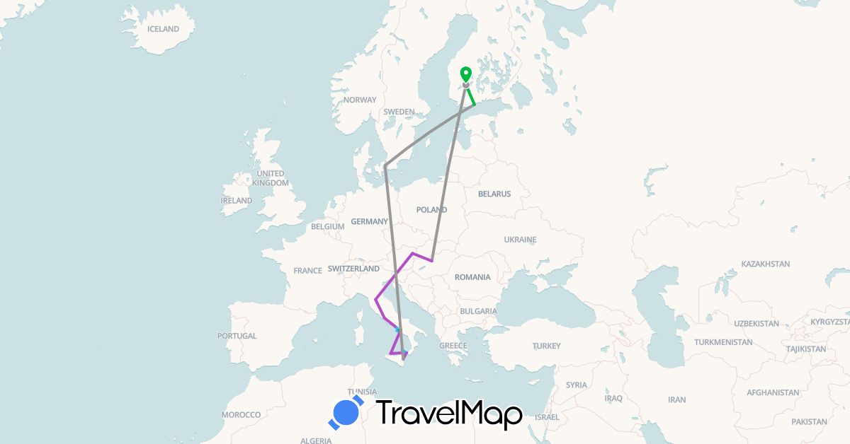 TravelMap itinerary: driving, bus, plane, train, boat in Austria, Denmark, Finland, Hungary, Italy (Europe)